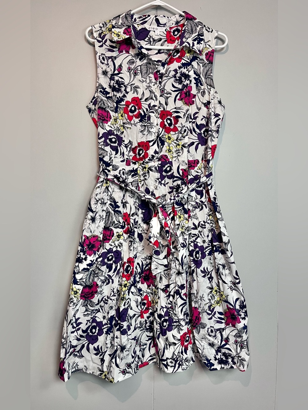 Cleo Floral Shirt Dress Sleeveless Tie Waist Button Front Fit & Flare Size 10